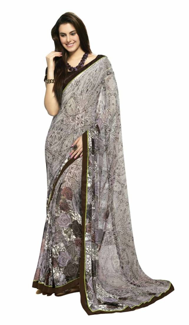 buy grey printed georgette saree with blouse buy grey printed georgette saree with blouse
