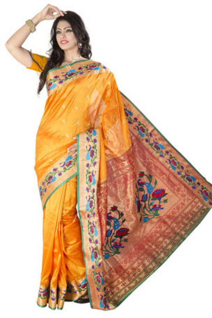Buy Golden Embroidered Art Silk Paithani Orissa Saree with Blouse Online
