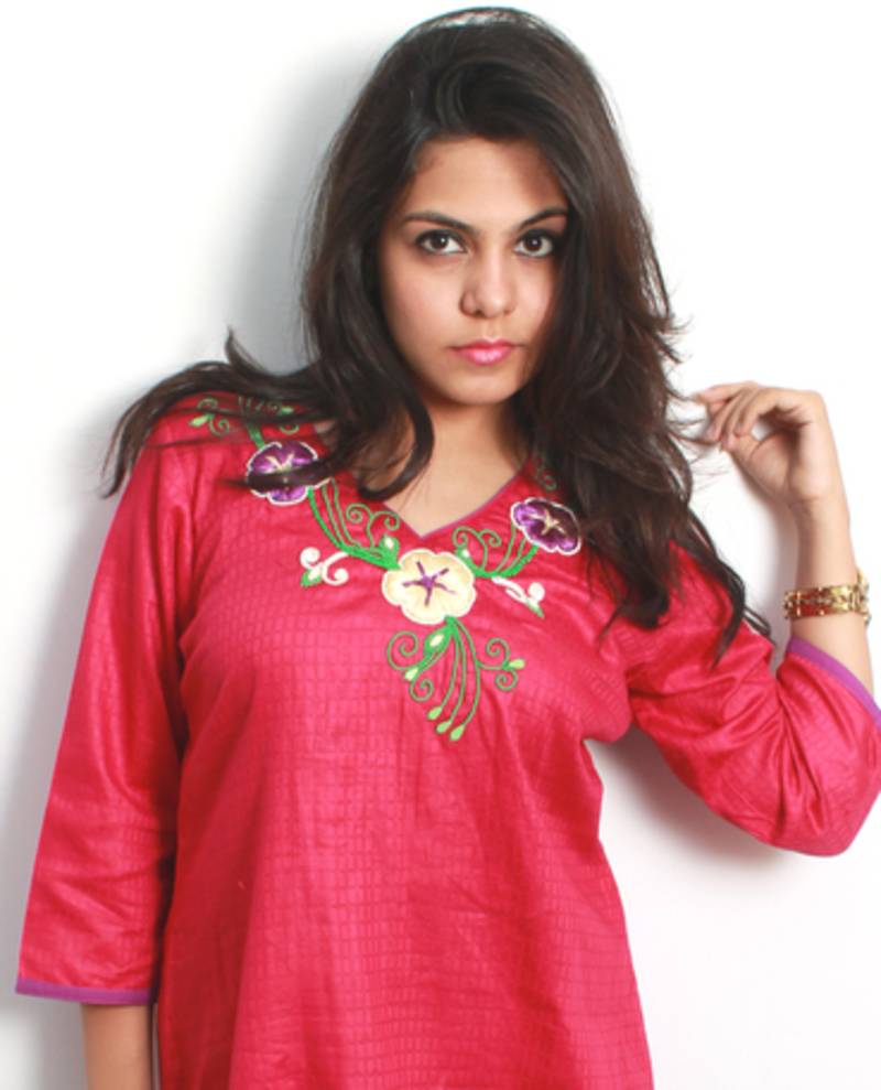 Buy Pink Purple Ribbon and Sequins Embroidered Kurti Online