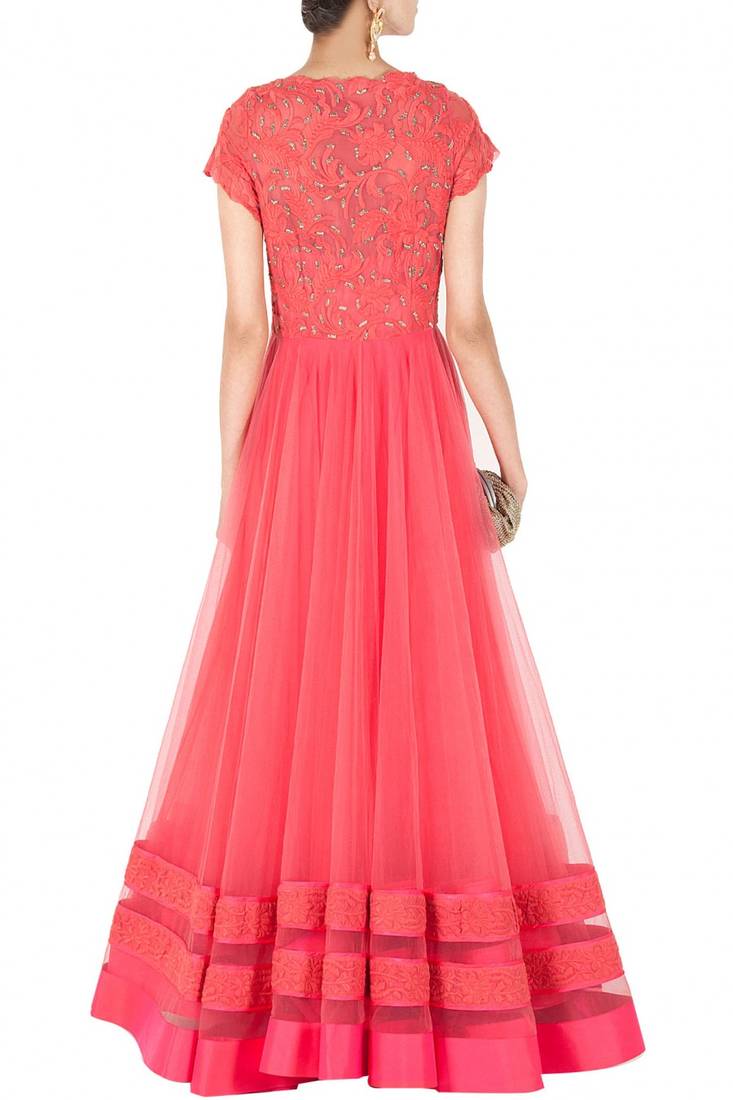 Buy Peach embroidered net semi stitched eveningweardresses Online